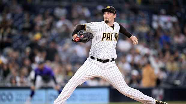 Sep 19, 2023; San Diego, California, USA; San Diego Padres starting pitcher Blake Snell (4) throws a pitch against the Colorado Rockies during the first inning at Petco Park. Mandatory Credit: Orlando Ramirez-USA TODAY Sports